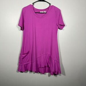LOGO Magenta Pink Tunic Top Short Sleeve Pocket Asymetrical Ruffle Blouse‎ S